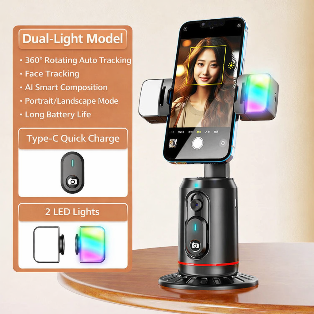 AI Face-Tracking Intelligent Pan-Tilt Phone Gimbal with Video RGB LIght